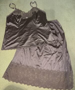 Vtg 80s JCPenney Applause Camisole Skirt Set Brown Nude Satin Lace Lingerie XS S